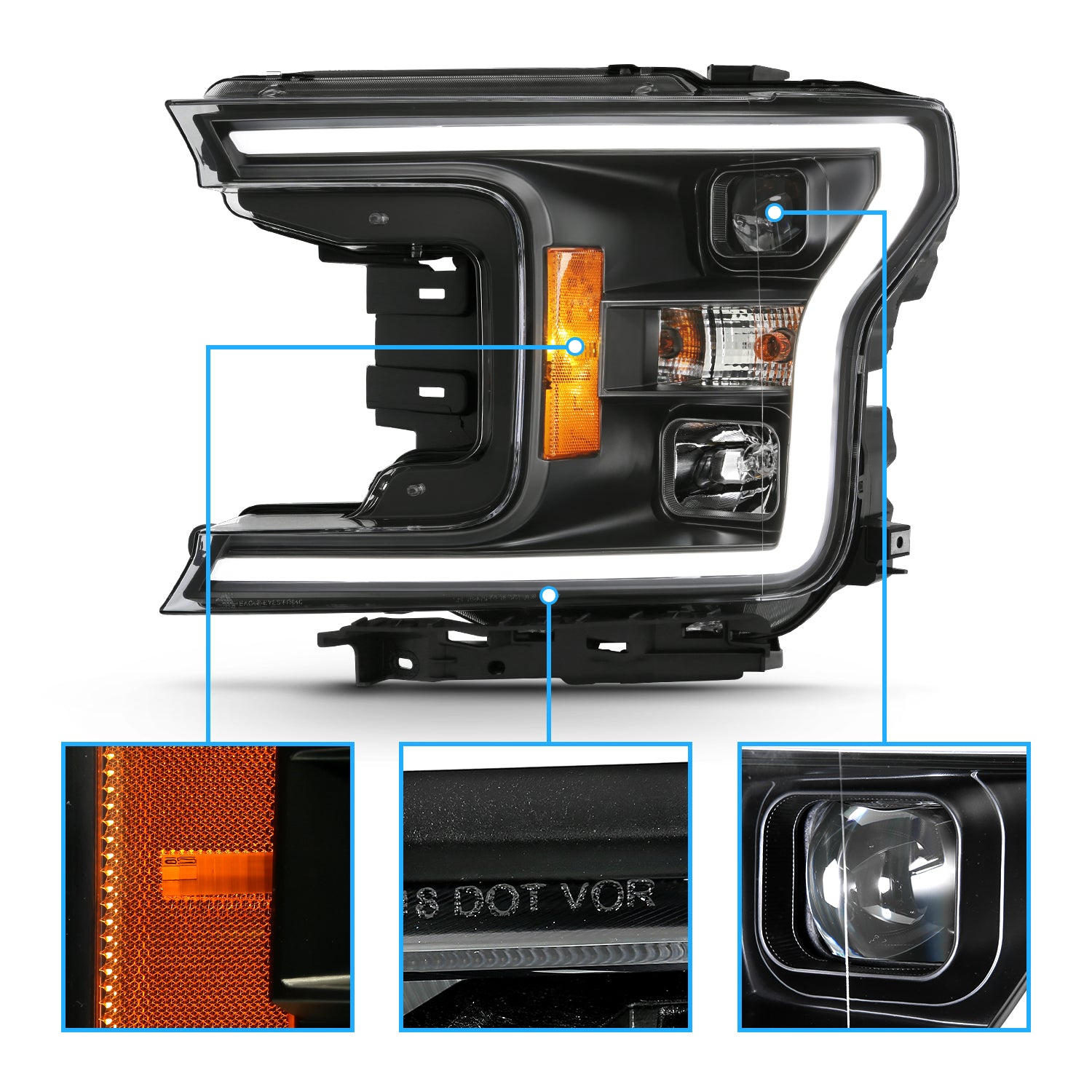 FORD F-150 18-20 PROJECTOR LIGHT BAR STYLE HEADLIGHTS BLACK AMBER