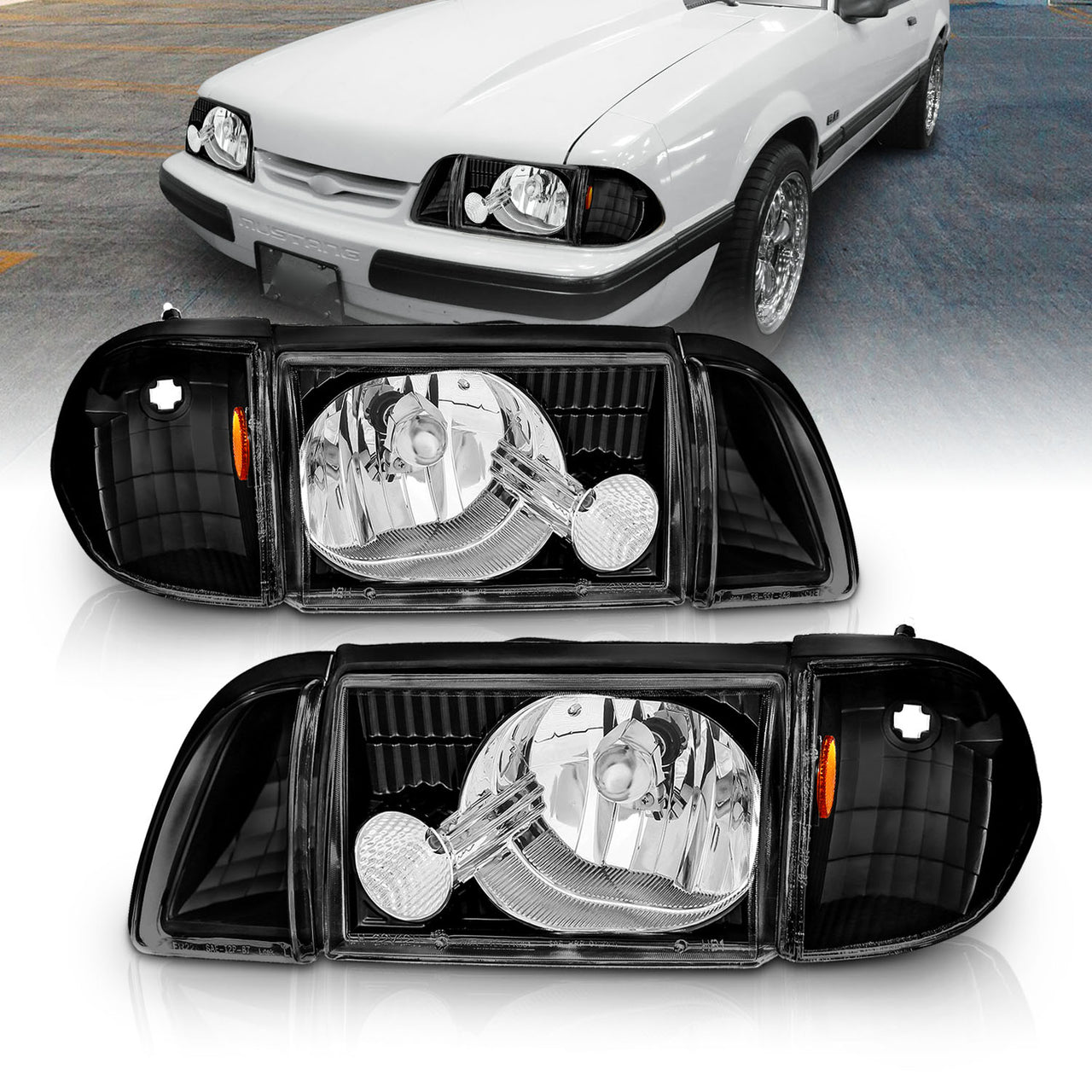 FORD MUSTANG 87-93 CRYSTAL HEADLIGHTS BLACK SET W/ CORNER & PARKING