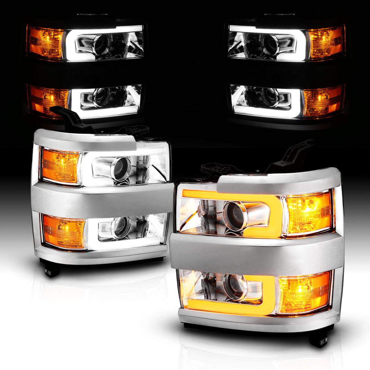 CHEVY SILVERADO 2500HD/3500HD 15-17 PROJECTOR SWITCHBACK HEADLIGHTS CHROME AMBER (CHROME RIM)