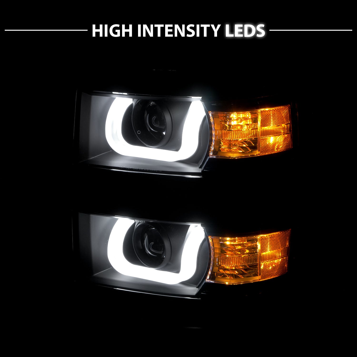 CHEVY SILVERADO 14 PROJECTOR U-BAR STYLE HEADLIGHTS BLACK W/ BLACK TRIM AMBER