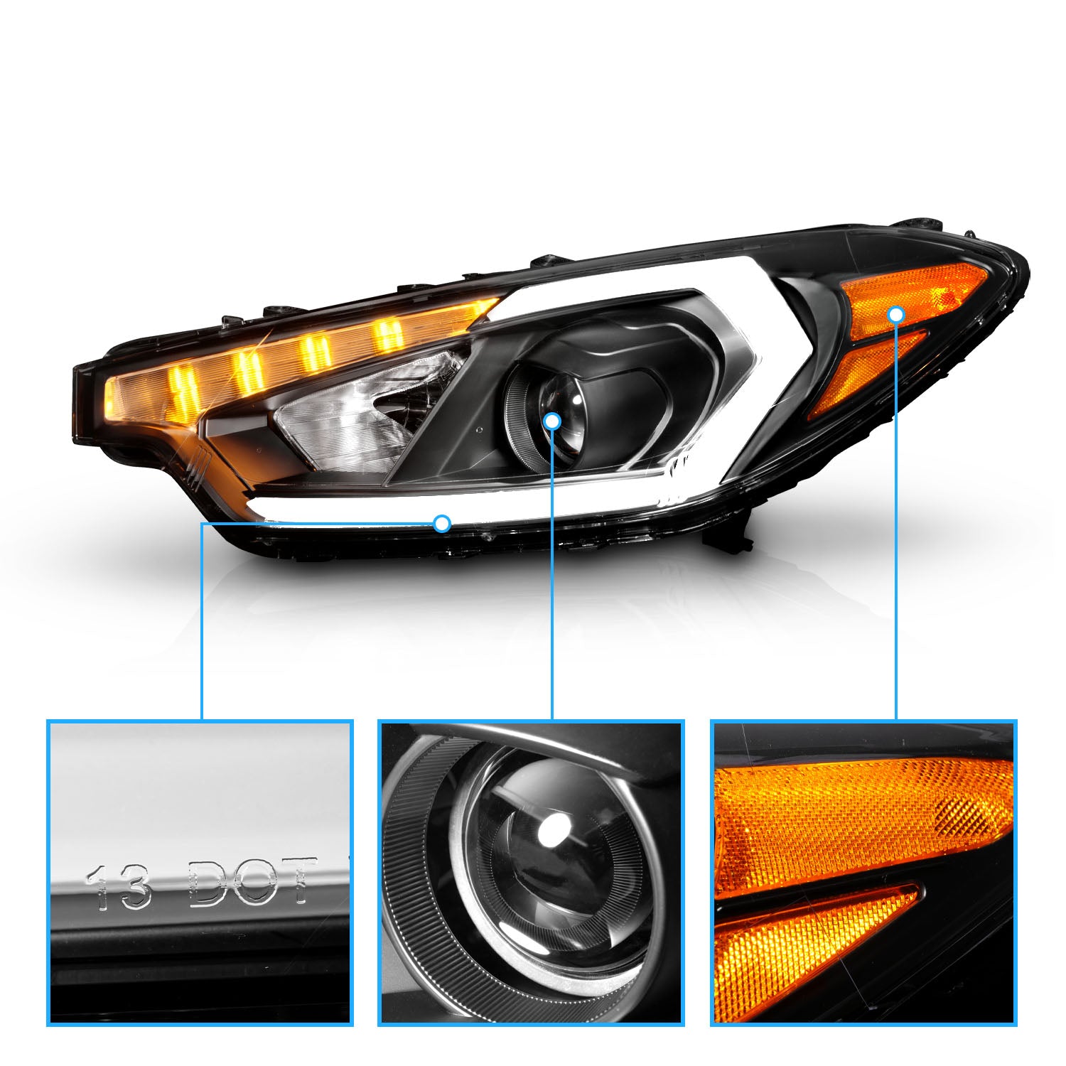 KIA FORTE 14-16 LED PLANK STYLE HEADLIGHTS BLACK (W/ FACTORY LED DRL)