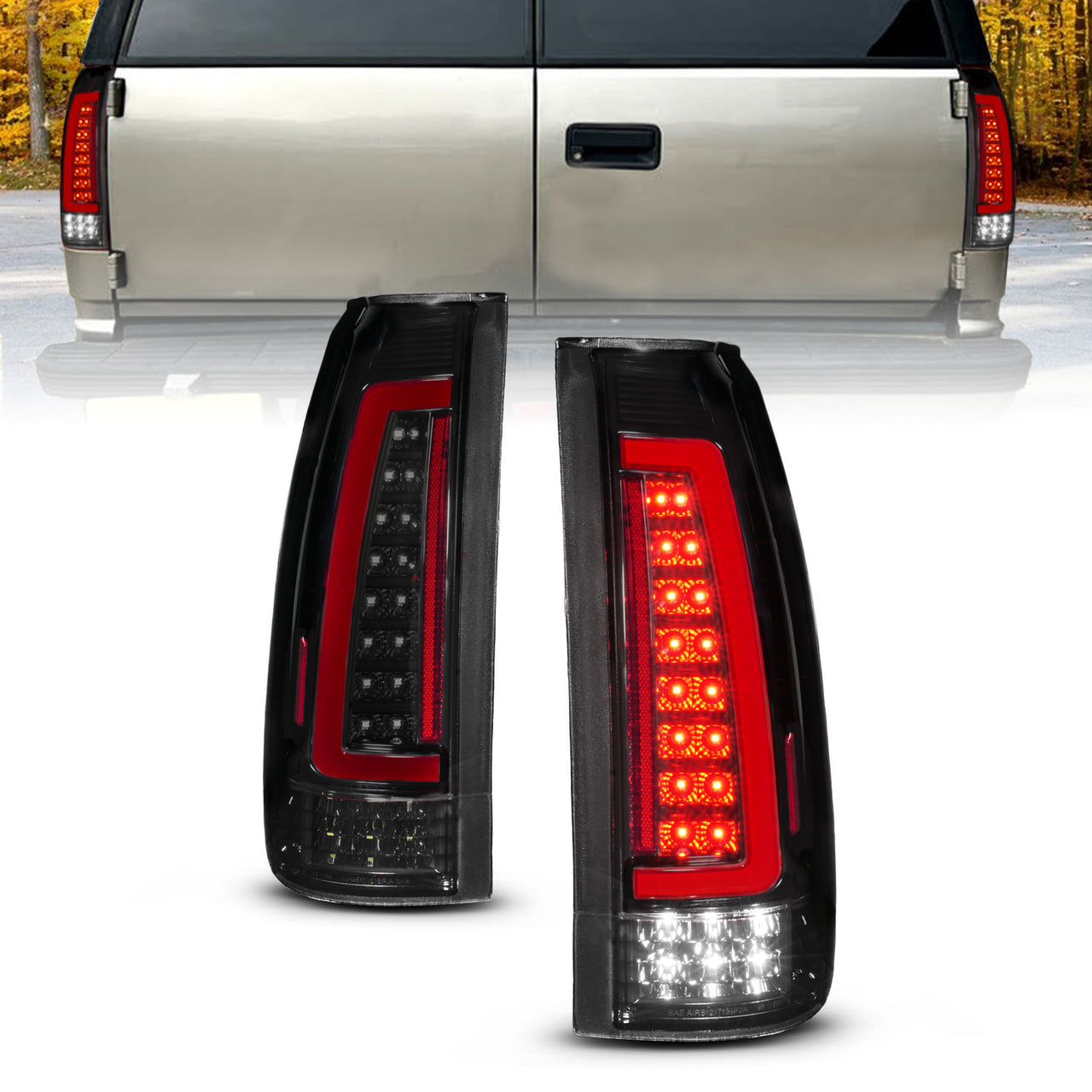 CHEVY /GMC C/K 1500/2500/3500 88-99, SUBURBAN/YUKON 92-00, TAHOE 94-00, BLAZER 92-94, CADILLAC ESCALADE 99-00 LED TAIL LIGHTS BLACK HOUSING SMOKE LENS (SEQUENTIAL SIGNAL)