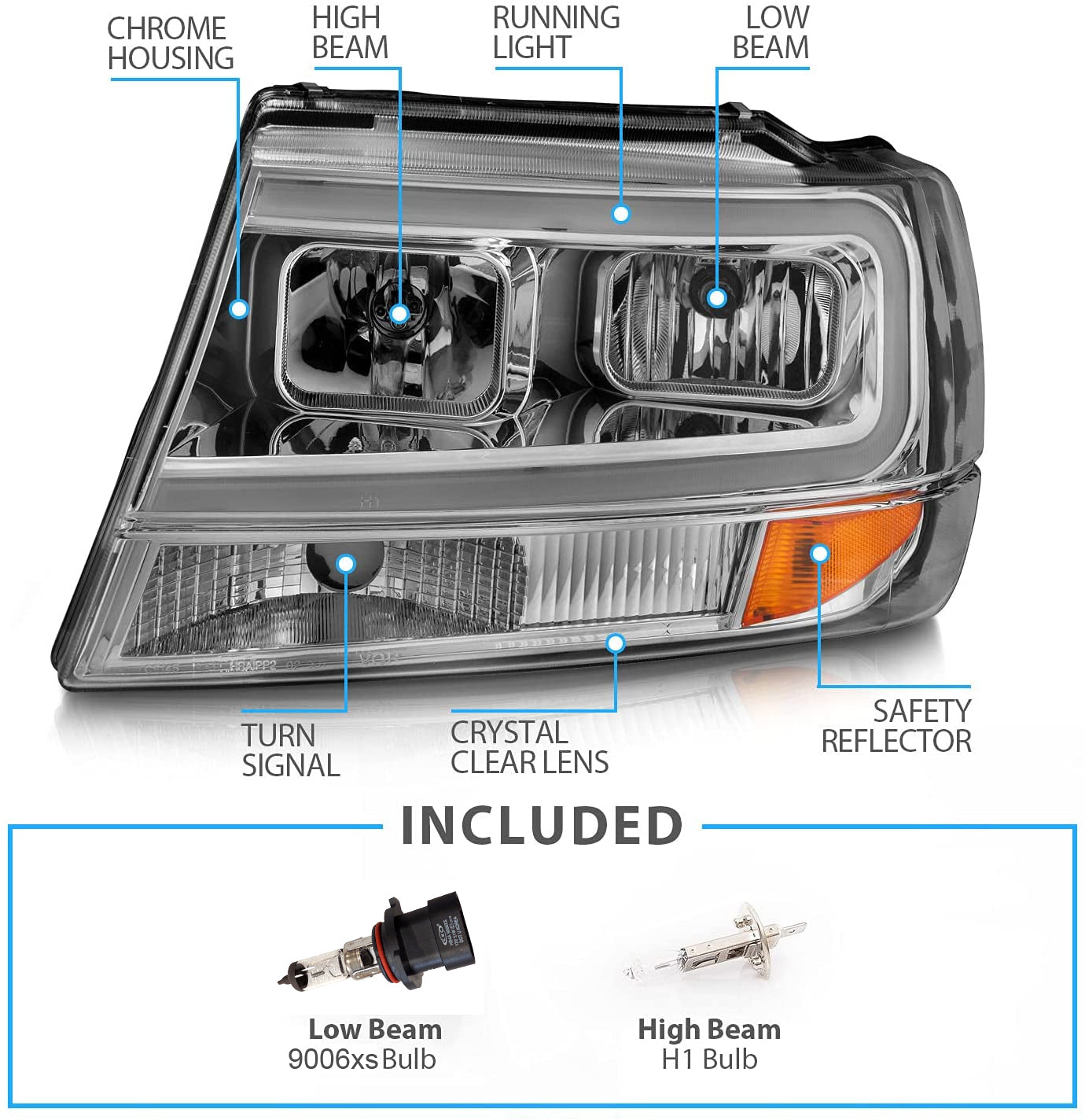 JEEP GRAND CHEROKEE 99-04 HEADLIGHTS CHROME AMBER (W/ C LIGHT BAR)