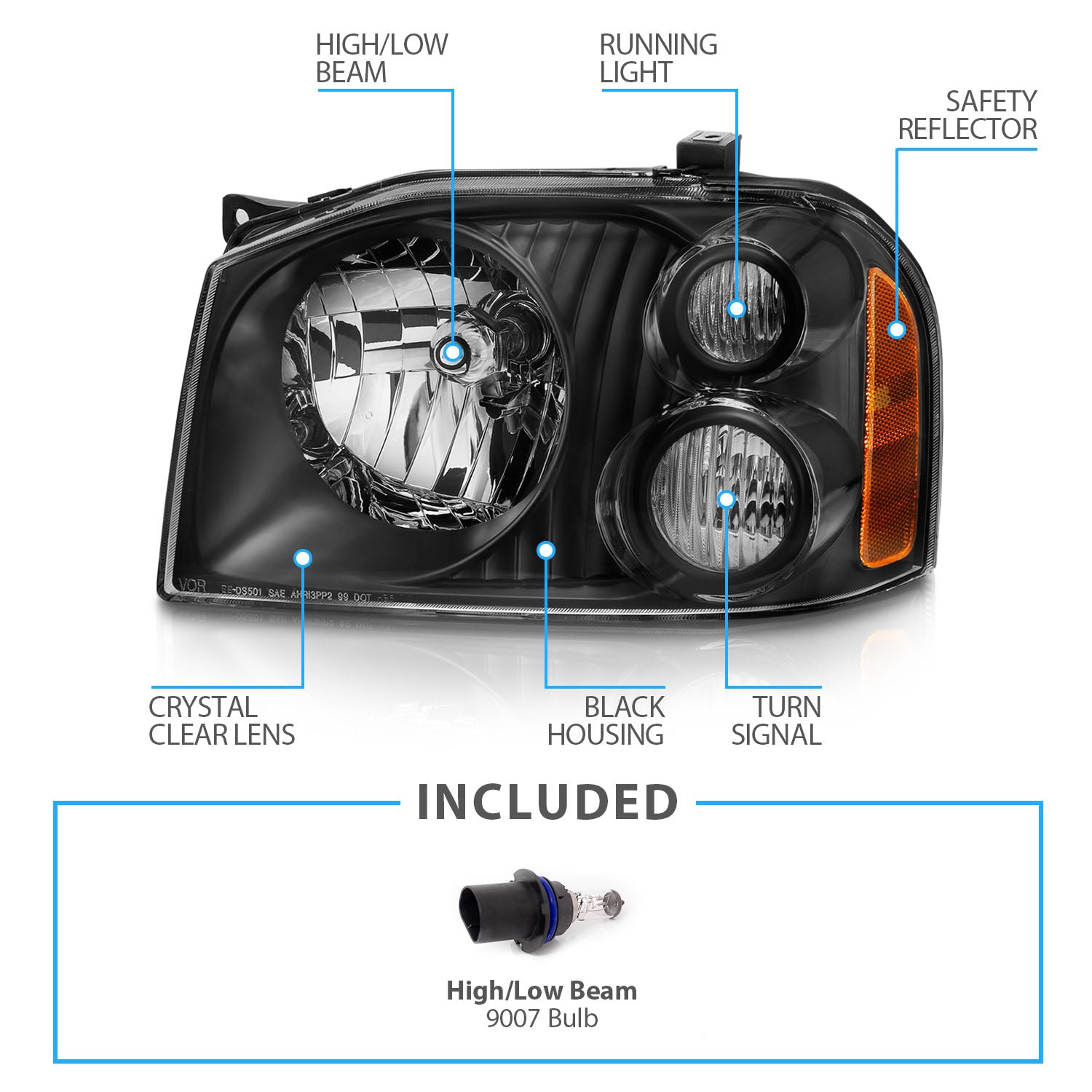 NISSAN FRONTIER 01-04 SE/SC MODEL HEADLIGHTS CRYSTAL BLACK AMBER