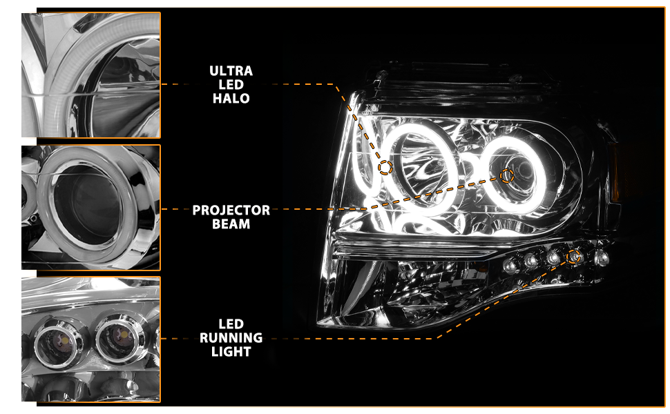 FORD EXPEDITION 07-08 PROJECTOR HEADLIGHTS CHROME CLEAR AMBER (RX HALO)