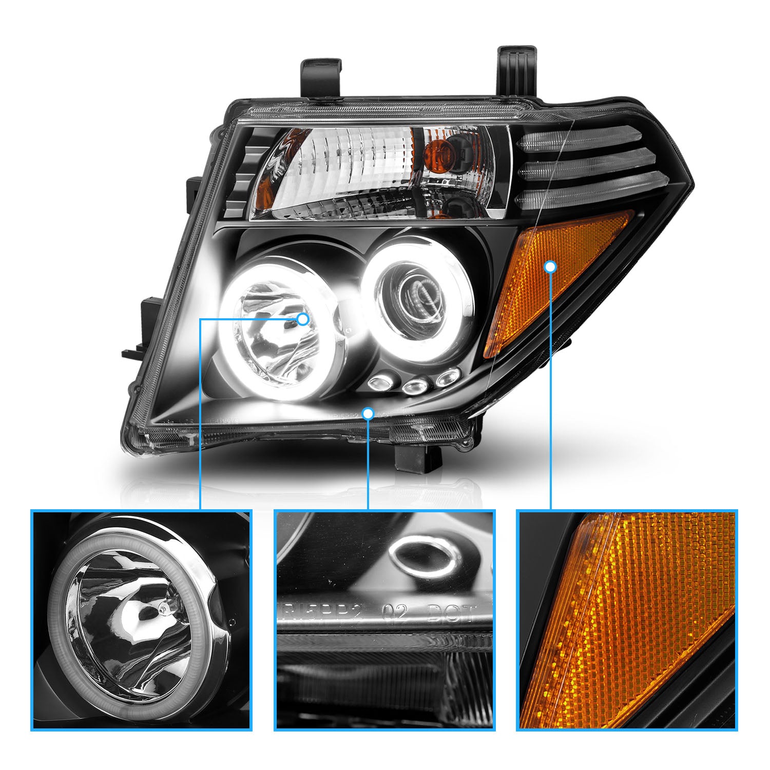 NISSAN FRONTIER 05-08 /PATHFINDER 05-07 PROJECTOR HEADLIGHTS BLACK CLEAR AMBER (Not fit V8) (RX HALO)
