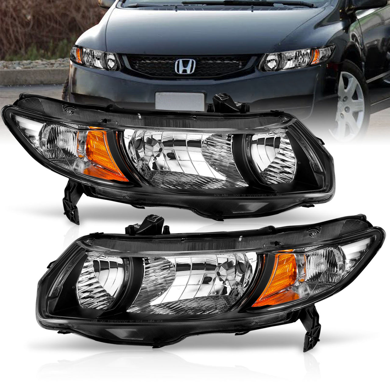 HONDA CIVIC 06-09 2DR HEADLIGHTS BLACK AMBER (OE REPLACEMENT)