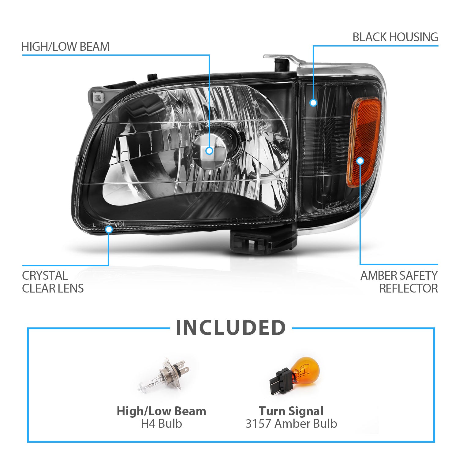 TOYOTA TACOMA 01-04 HEADLIGHTS BLACK W/ CORNER LIGHTS AMBER