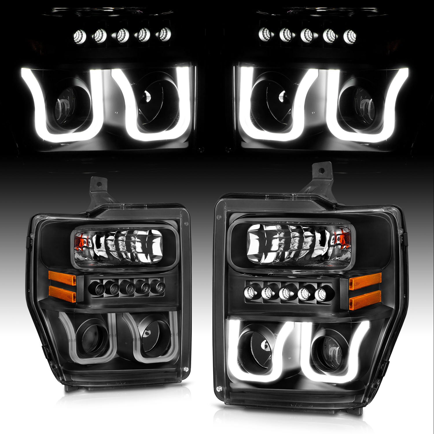 FORD F-250/SUPER DUTY 08-10 PROJECTOR U-BAR STYLE HEADLIGHTS BLACK CLEAR AMBER