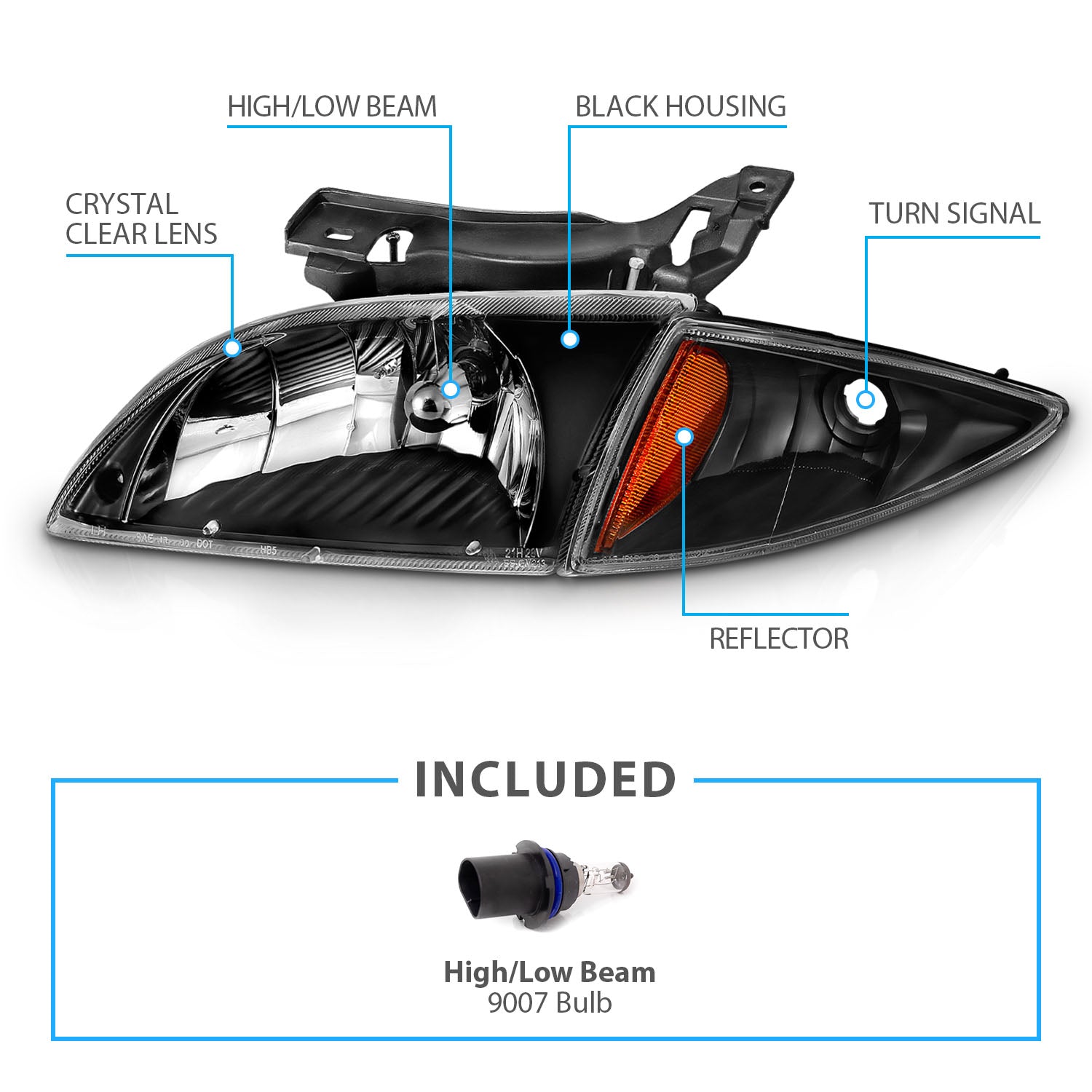 CHEVY CAVALIER 00-02 CRYSTAL HEADLIGHTS BLACK AMBER