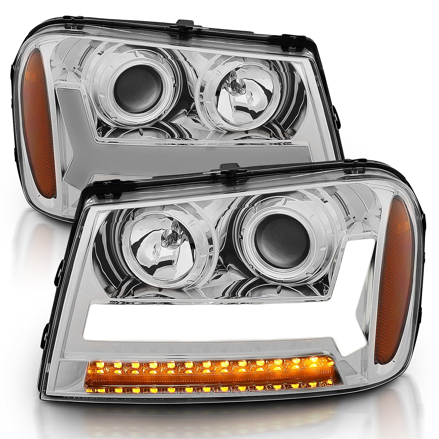 CHEVY TRAILBLAZER LT 06-09 / LS 08 PROJECTOR LIGHT BAR STYLE HEADLIGHTS CHROME AMBER