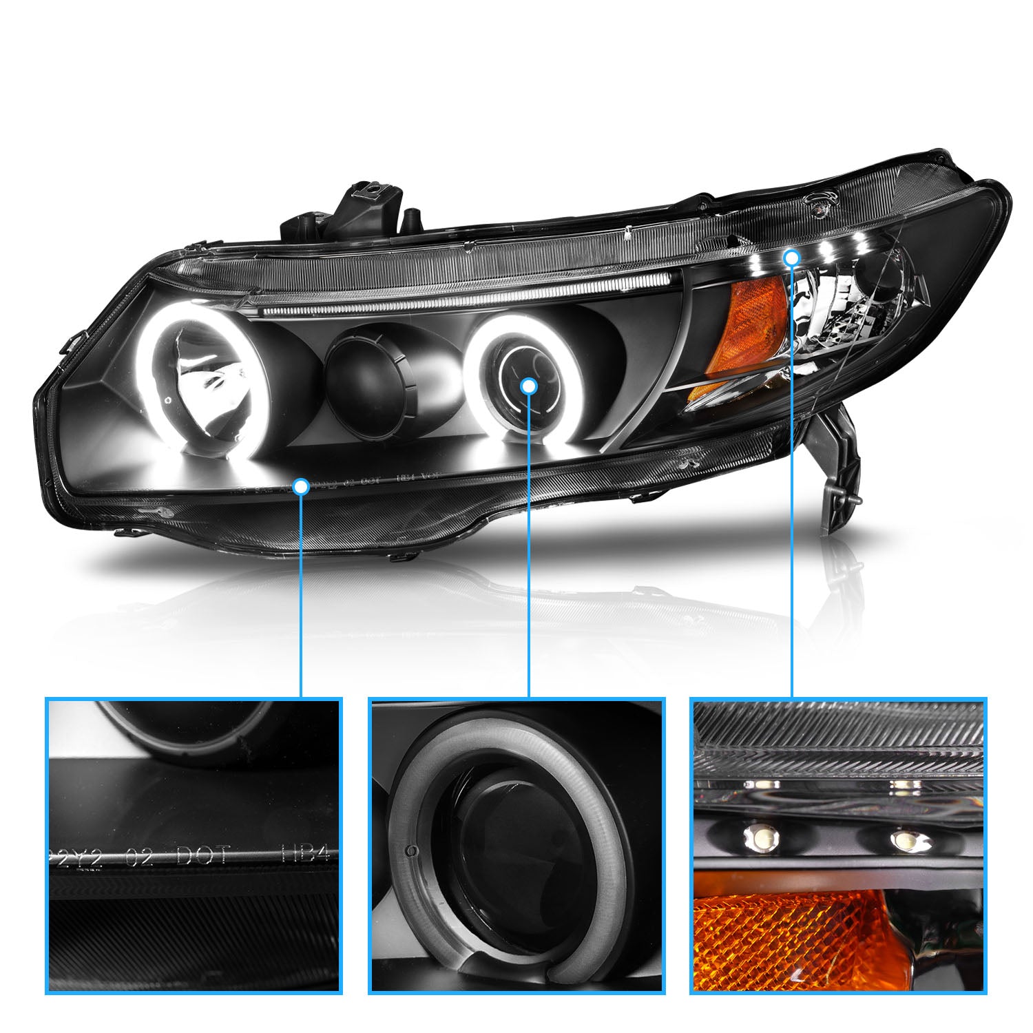 HONDA CIVIC 06-11 2DR PROJECTOR HEADLIGHTS HALO BLACK CLEAR AMBER (RX HALO)