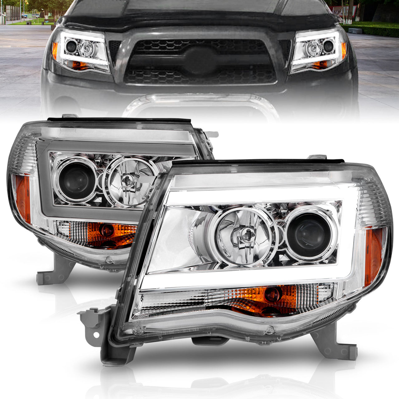 TOYOTA TACOMA 05-11 PROJECTOR LIGHT BAR STYLE HEADLIGHTS CHROME AMBER  (W/ C LIGHT BAR)