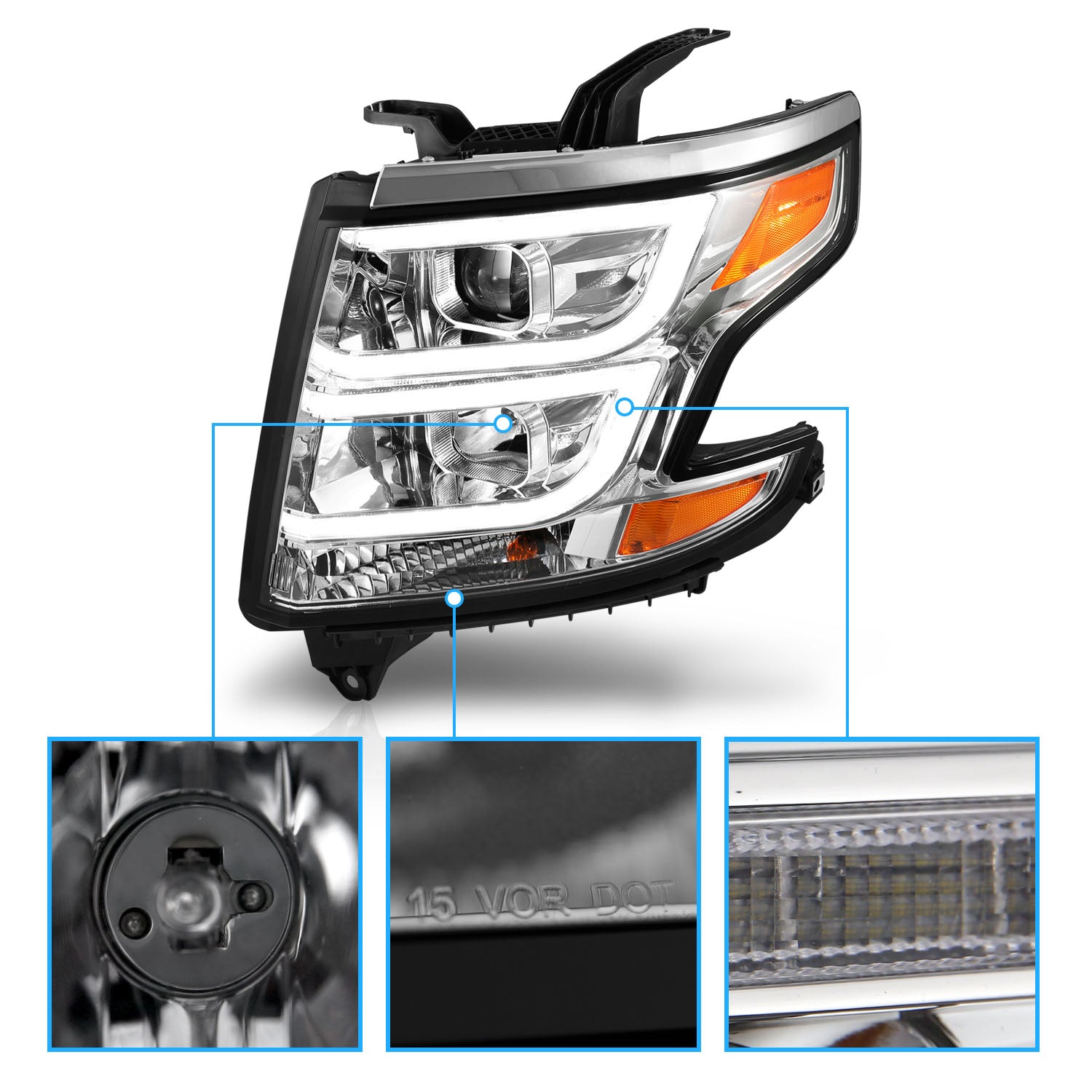 CHEVY TAHOE/SUBURBAN 15-19 PROJECTOR LIGHT BAR STYLE HEADLIGHTS CHROME AMBER (W/ DRL)