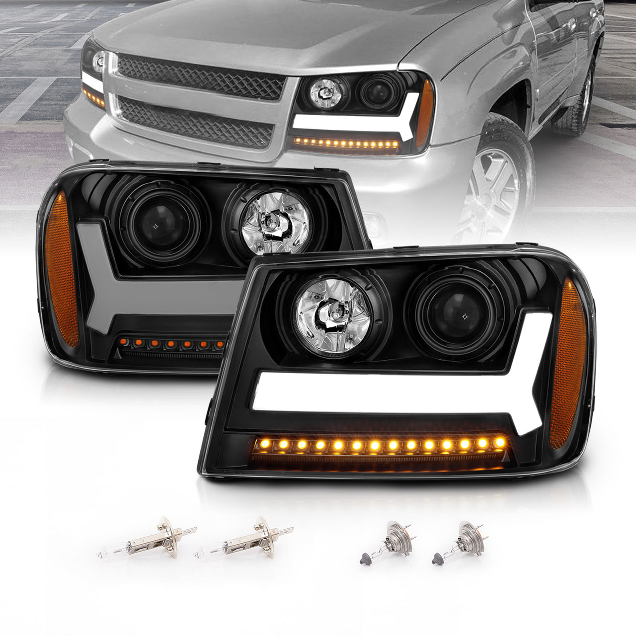 CHEVY TRAILBLAZER 06-09 LT / 08 LS PROJECTOR LIGHT BAR STYLE HEADLIGHTS BLACK AMBER