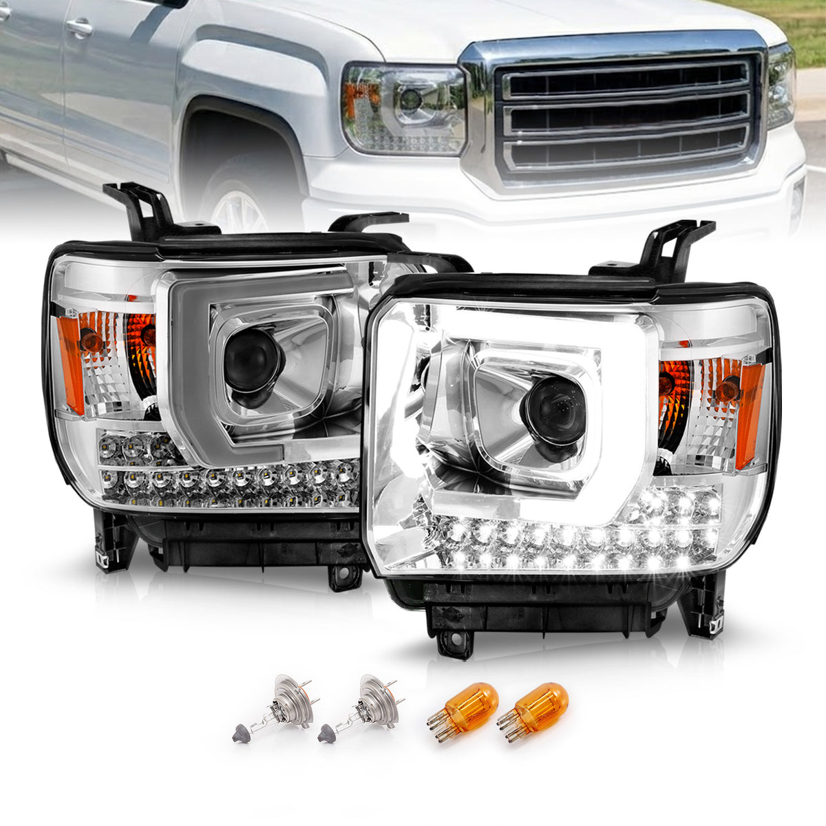 GMC SIERRA 1500嚙?4-15/2500HD/3500HD 15-19 PROJECTOR嚙?LIGHT BAR STYLE HEADLIGHTS CHROME W/ DRL嚙?HALOGEN TYPE MODEL W/O FACTORY DRL)