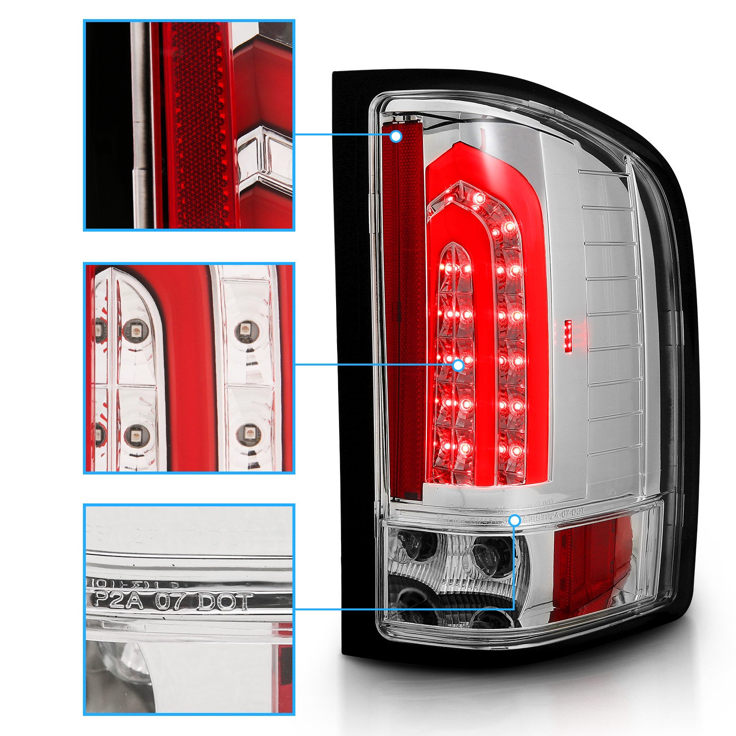 CHEVY SILVERADO 1500/2500/3500 07-10/HYBRID 09/GMC SIERRA 07-09 LED TAIL LIGHTS G4  ALL CHROME (W/ RED LIGHT BAR)
