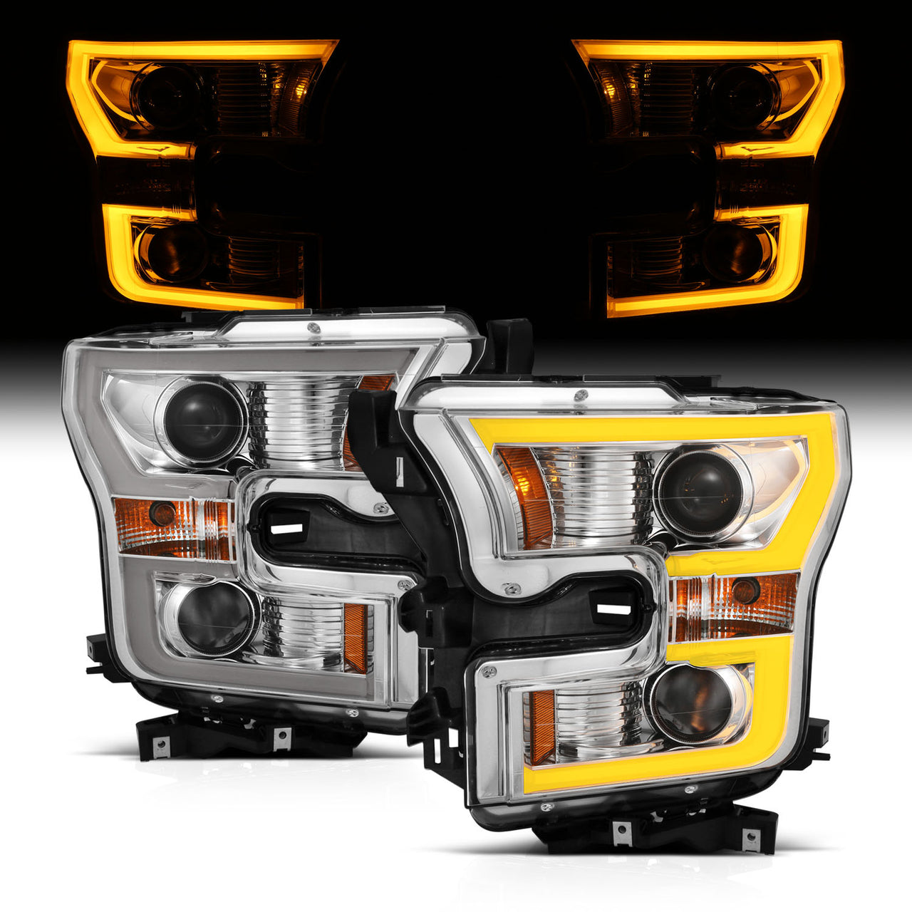 FORD F-150 15-17 PROJECTOR LIGHT BAR STYLE SWITCHBACK HEADLIGHTS CHROME AMBER