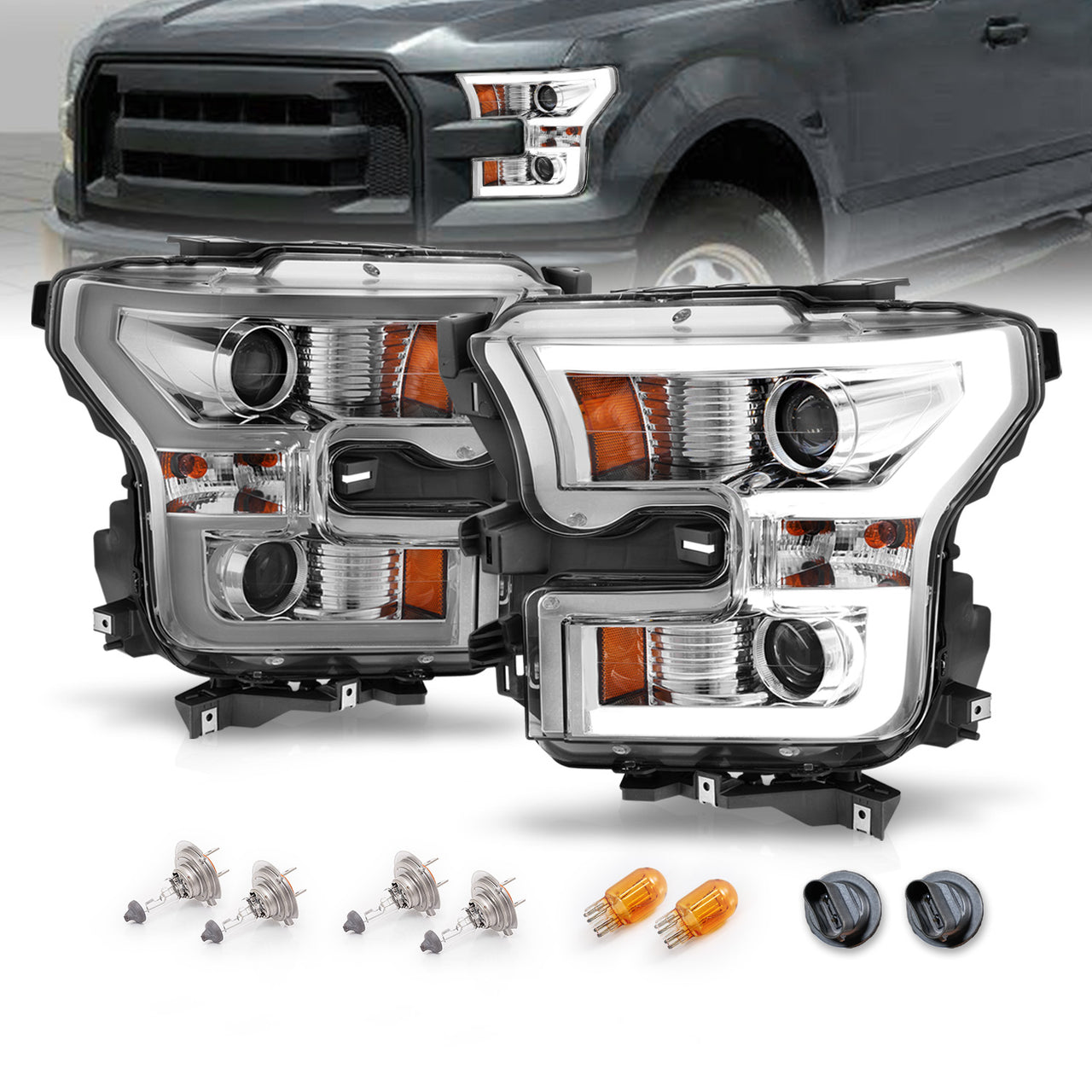 FORD F-150 15-17 PROJECTOR LIGHT BAR STYLE HEADLIGHTS CHROME CLEAR AMBER