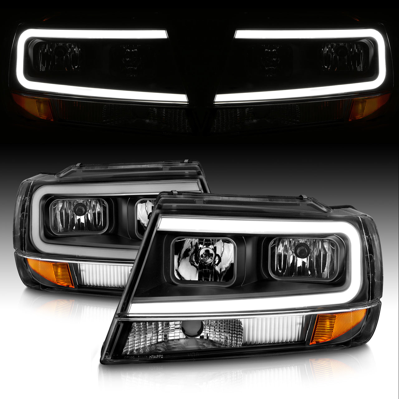 JEEP GRAND CHEROKEE 99-04 HEADLIGHTS BLACK AMBER (W/ C LIGHT BAR)