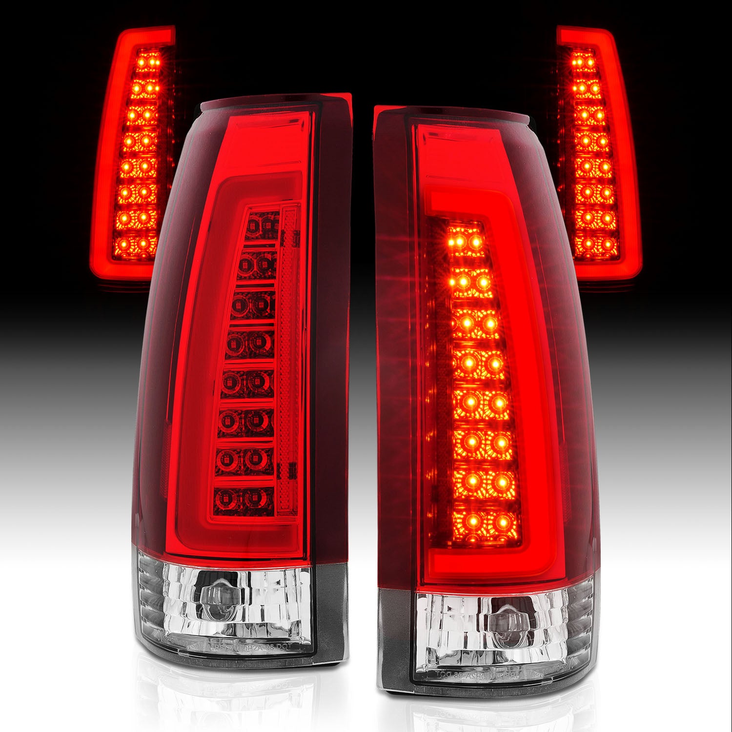 Chevy/GMC C/K 1500/2500/3500 88-99, SUBURBAN/YUKON 92-00, TAHOE 94-00, BLAZER 92-94, CADILLAC ESCALADE 99-00 LED C-BAR TAIL LIGHTS CHROME HOUSING RED/CLEAR LENS W/ C LIGHT BAR