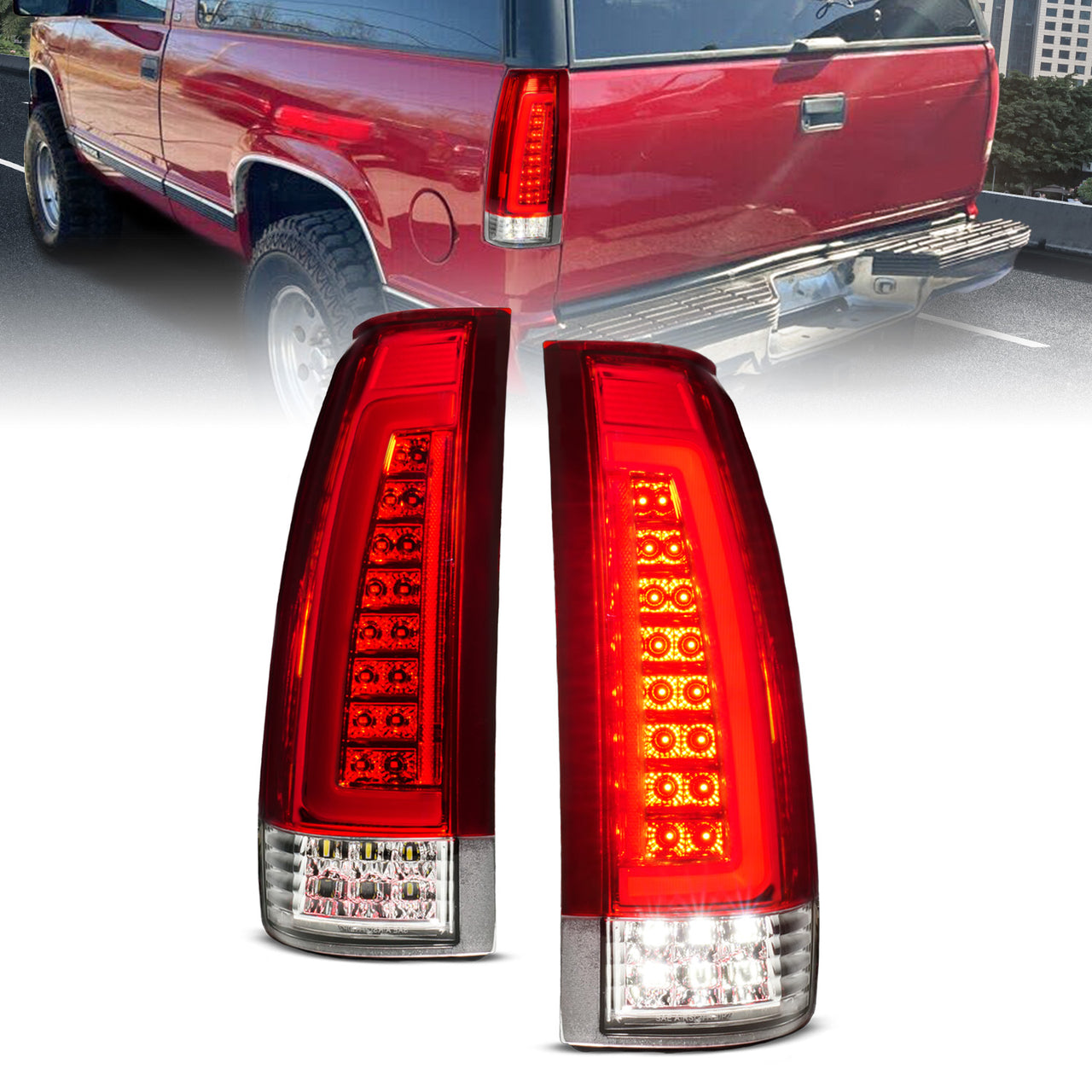 CHEVY /GMC C/K 1500/2500/3500 88-99, SUBURBAN/YUKON 92-00, TAHOE 94-00, BLAZER 92-94, CADILLAC ESCALADE 99-00 LED TAIL LIGHTS RED/CLEAR LENS (SEQUENTIAL SIGNAL)