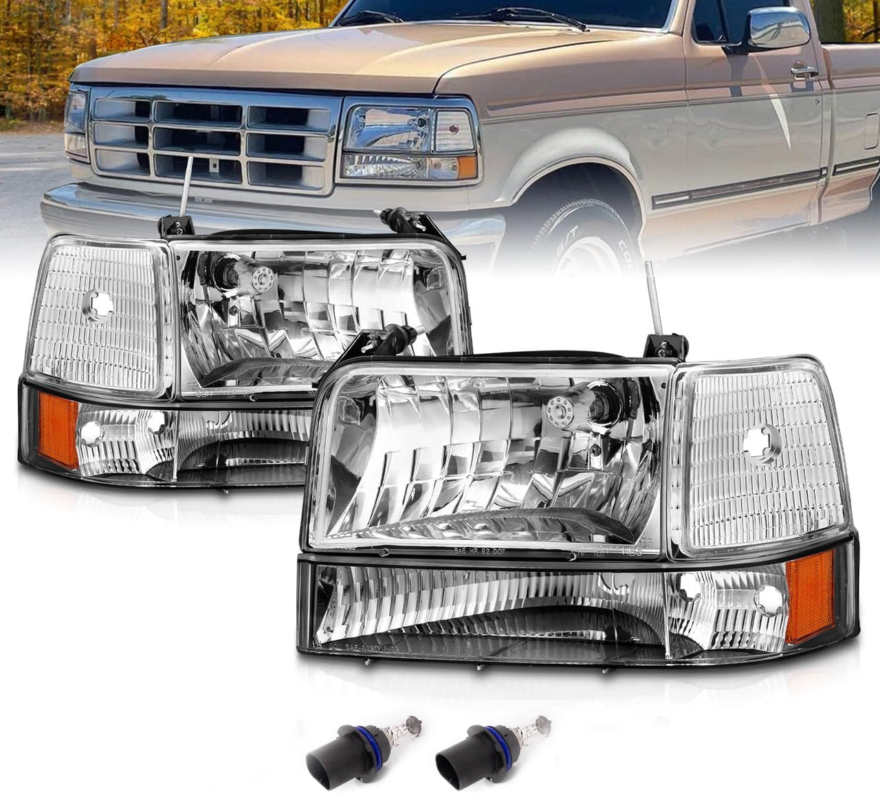 FORD F-150/BRONCO 92-96 HEADLIGHTS CHROME HOUSING 6PCS SET W/ CORNER, SIGNAL LIGHTS AMBER