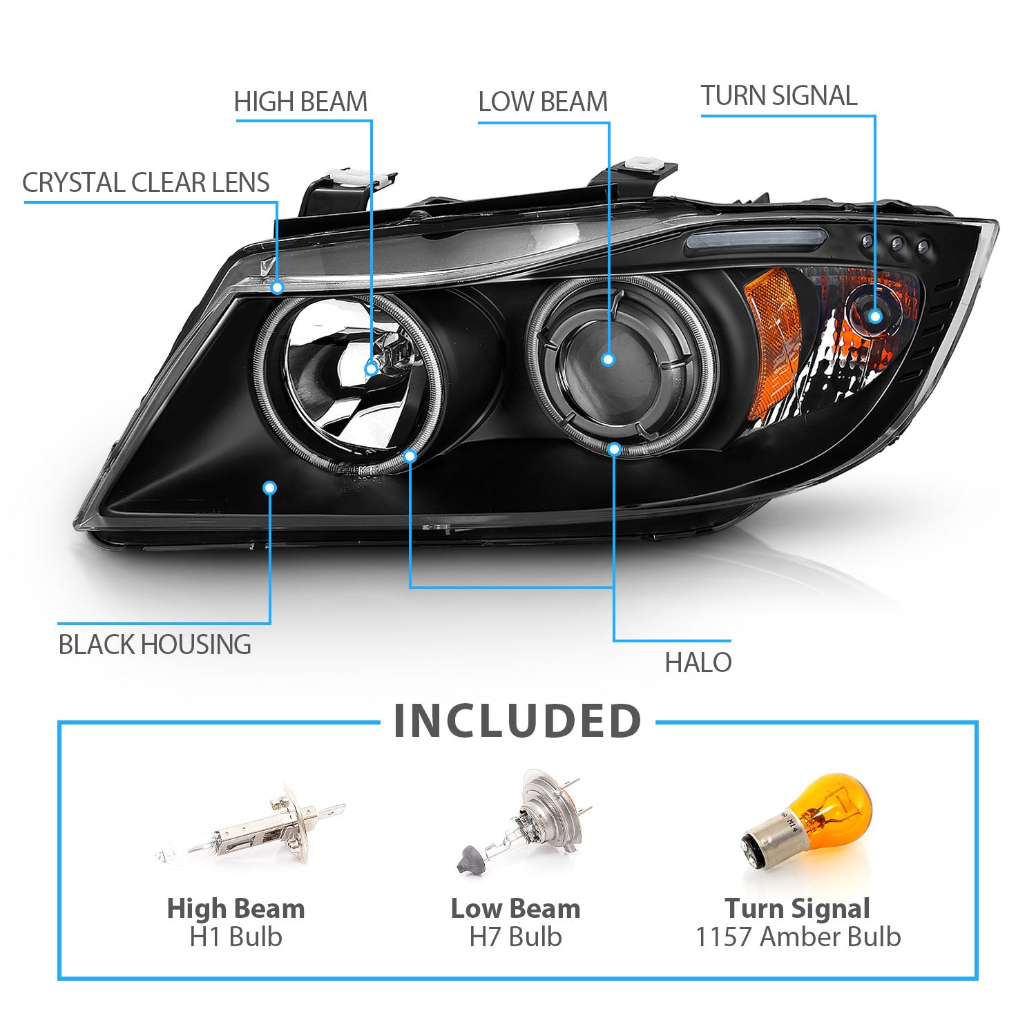 BMW 3 SERIES E90/E91 06-08 4DR/WAGON PROJECTOR HEADLIGHTS HALO W/ LED BAR BLACK CLEAR AMBER (RX HALO)