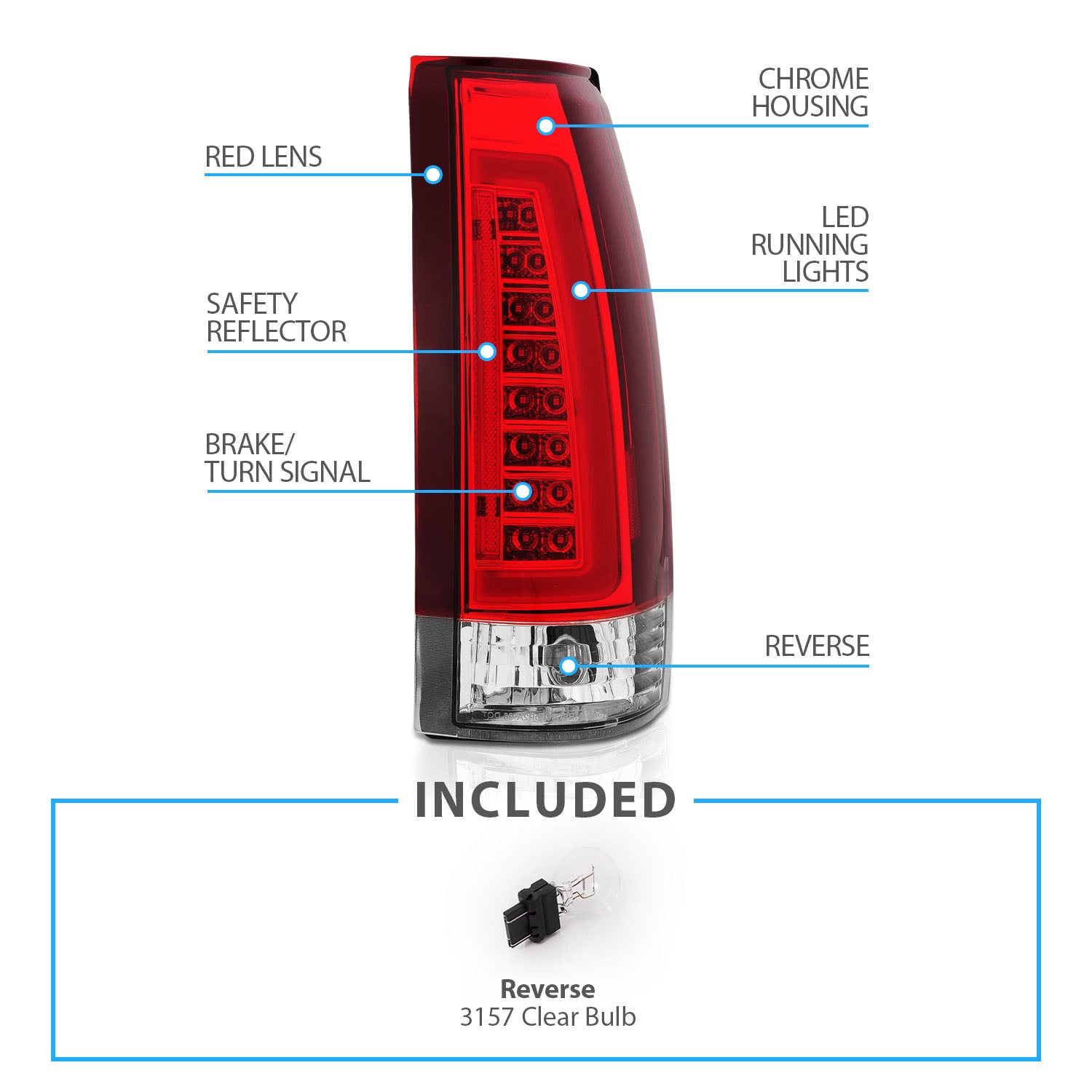 Chevy/GMC C/K 1500/2500/3500 88-99, SUBURBAN/YUKON 92-00, TAHOE 94-00, BLAZER 92-94, CADILLAC ESCALADE 99-00 LED C-BAR TAIL LIGHTS CHROME HOUSING RED/CLEAR LENS W/ C LIGHT BAR