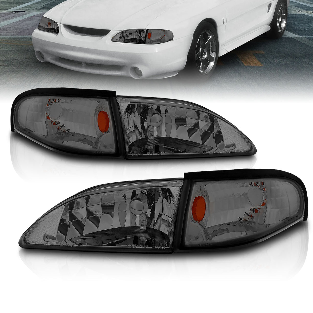 FORD MUSTANG 94-98 CRYSTAL HEADLIGHTS SMOKE W/ CORNER AMBER