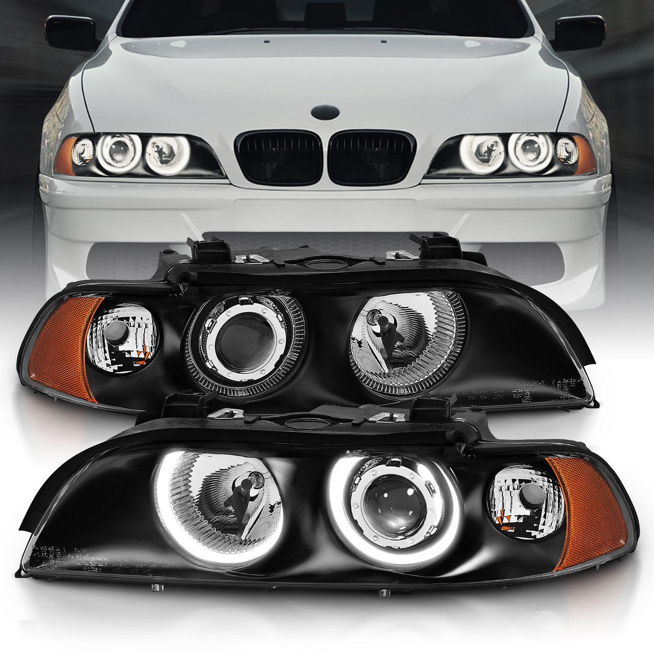 BMW 5 SERIES E39 95-01 PROJECTOR HEADLIGHTS HALO BLACK CLEAR AMBER