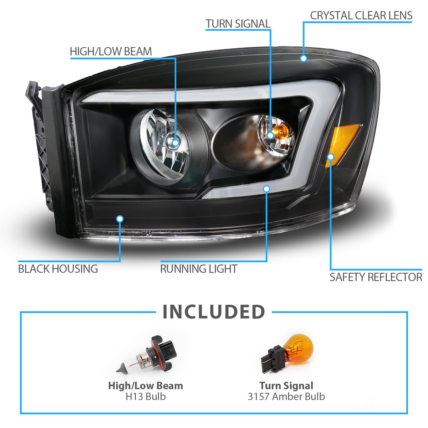 DODGE RAM 1500 06-08/ 2500/3500 06-09 BLACK HEADLIGHTS AMBER (W/ C LIGHT BAR)