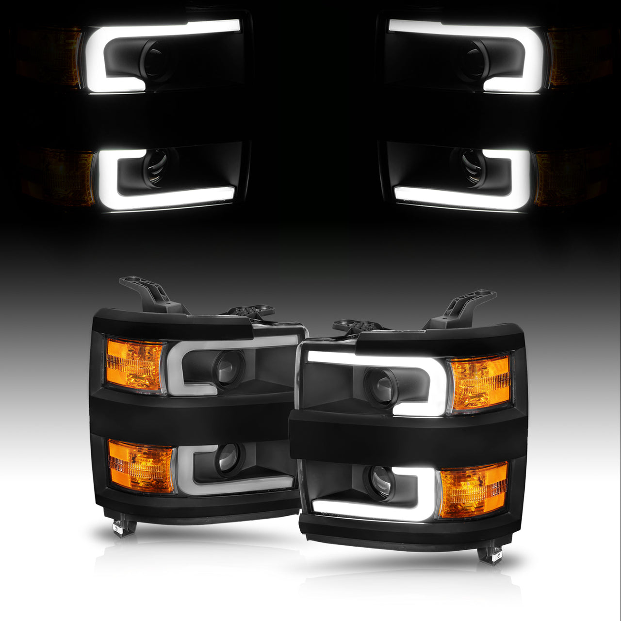 CHEVY SILVERADO 2500HD/3500HD 15-17 PROJECTOR LIGHT BAR STYLE HEADLIGHTS BLACK AMBER (BLACK RIM)