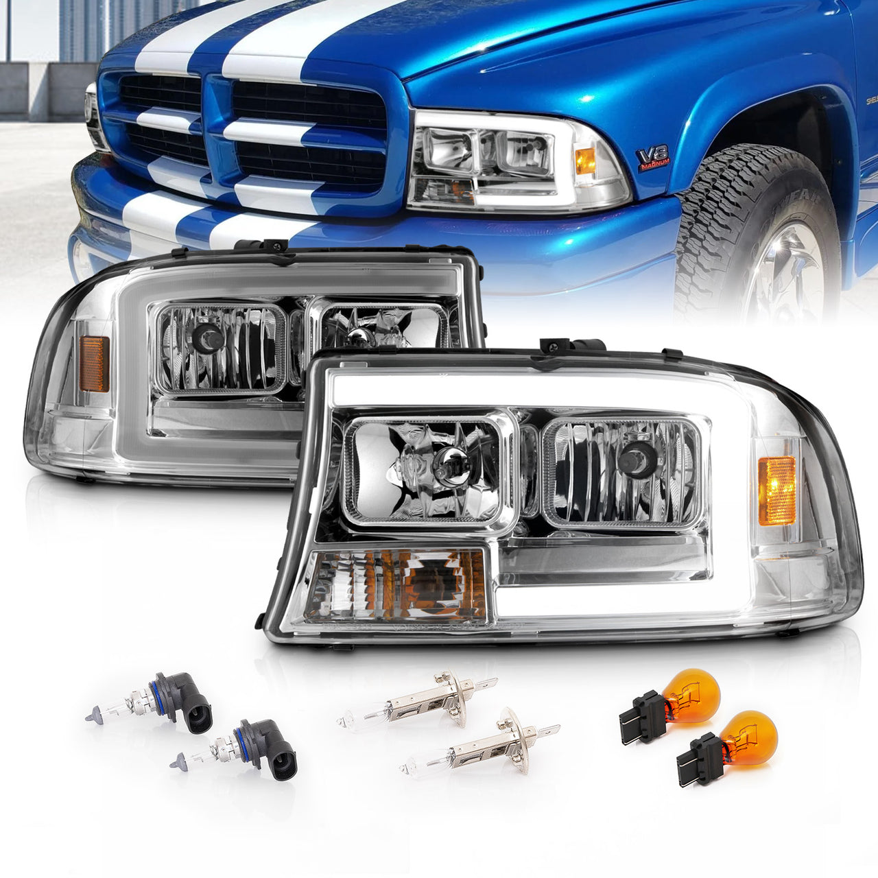 DODGE DAKOTA/DURANGO 97-04/98-03 HEADLIGHTS CHROME W/C LIGHT BAR