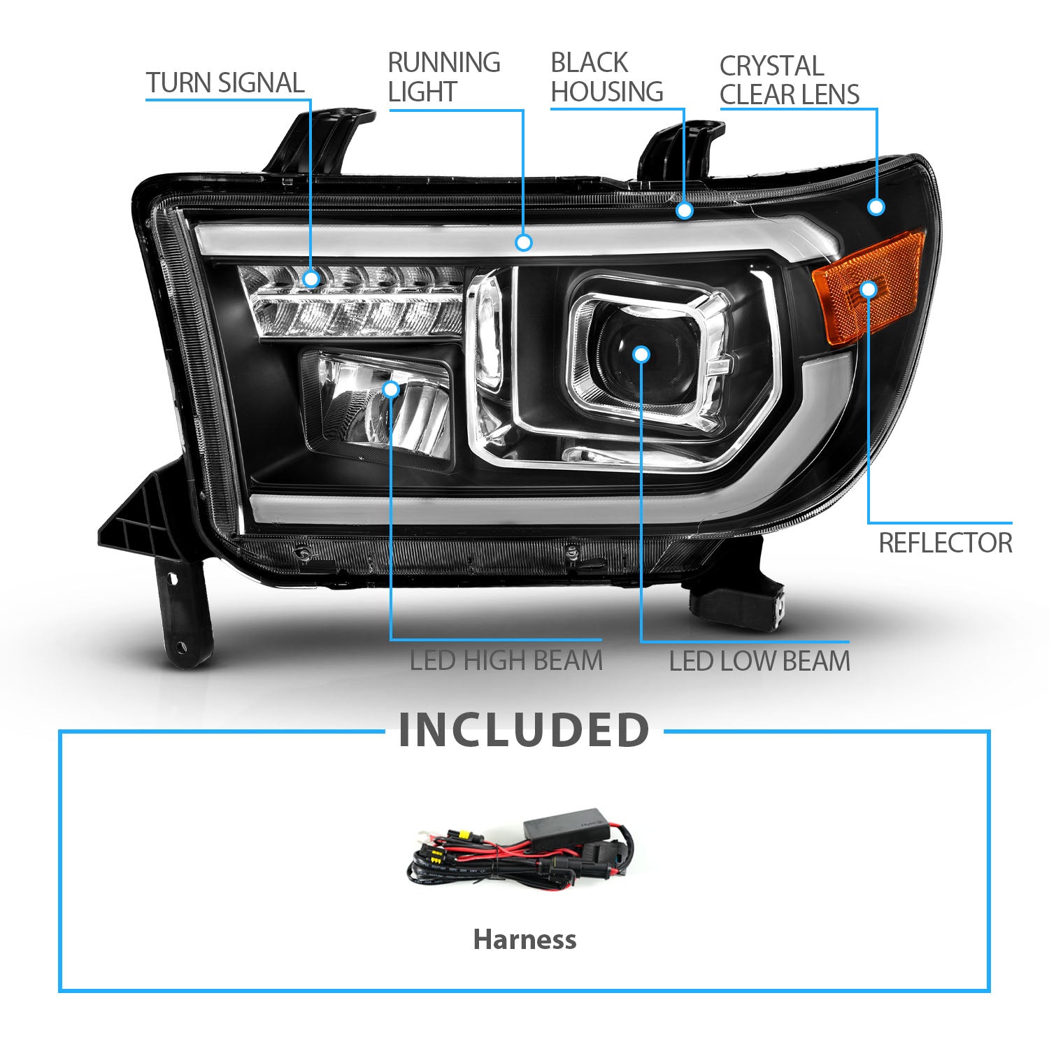 TOYOTA TUNDRA 07-13/SEQUOIA 08-17 FULL LED PROJECTOR HEADLIGHTS BLACK AMBER (W/ DRL LIGHT BAR)