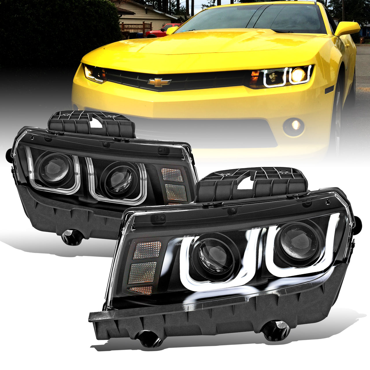 CHEVY CAMARO 14-15 PROJECTOR HEADLIGHTS U-BAR STYLE BLACK CLEAR