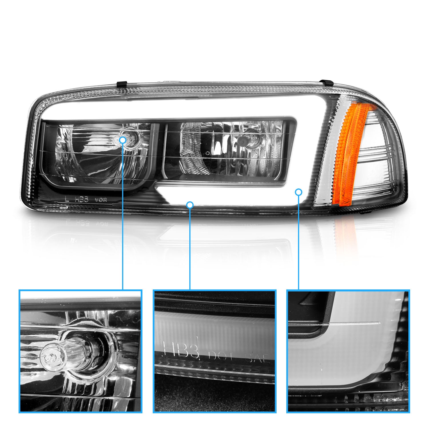 GMC SIERRA/SIERRA DENALI 99-07/SIERRA CLASSIC 2007/ YUKON/YUKON XL/YUKON DENALI 00-06 HEADLIGHTS  BLACK AMBER  (W/ C LIGHT BAR)