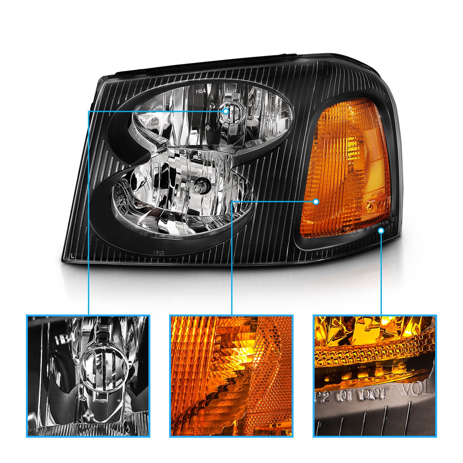 GMC ENVOY 02-09 CRYSTAL HEADLIGHTS BLACK AMBER