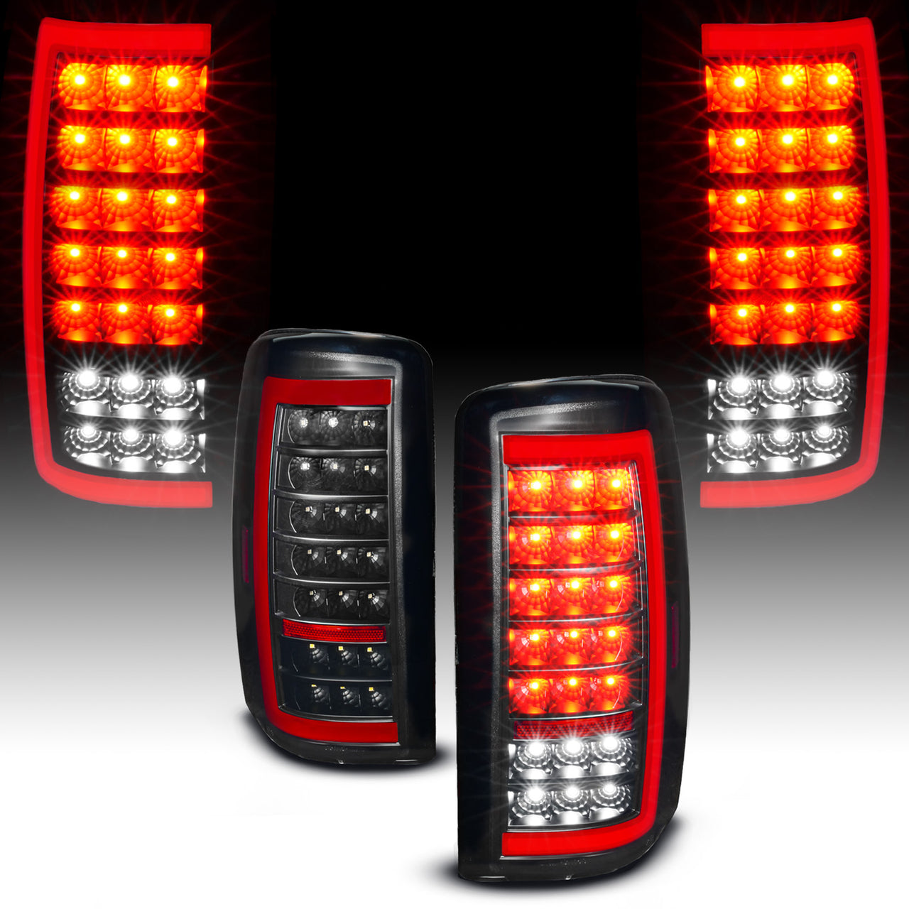 CHEVY TAHOE/SUBURBAN/GMC DENALI 00-06 LED TAIL LIGHTS G4 BLACK HOUSING SMOKE LENS W/C-LIGHT BAR