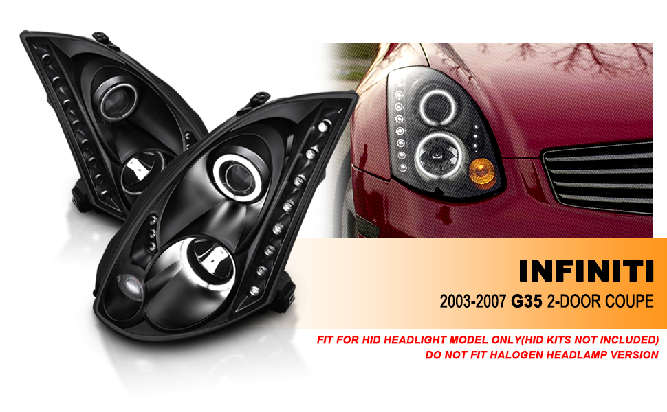 INFINITI G35 03-07 2DR HEADLIGHTS BLACK PROJECTOR CLEAR HALO (OEM HID COMPATIBLE) (RX HALO)