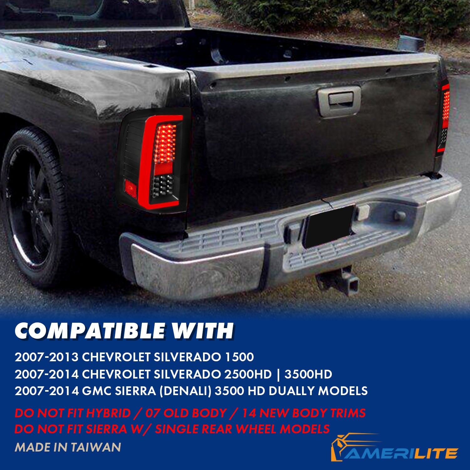 CHEVY SILVERADO 1500/2500/3500 07-10/HYBRID 09/GMC SIERRA 07-09 LED TAIL LIGHTS G5  BLACK HOUSING CLEAR LENS (W/ WHITE LIGHT BAR)