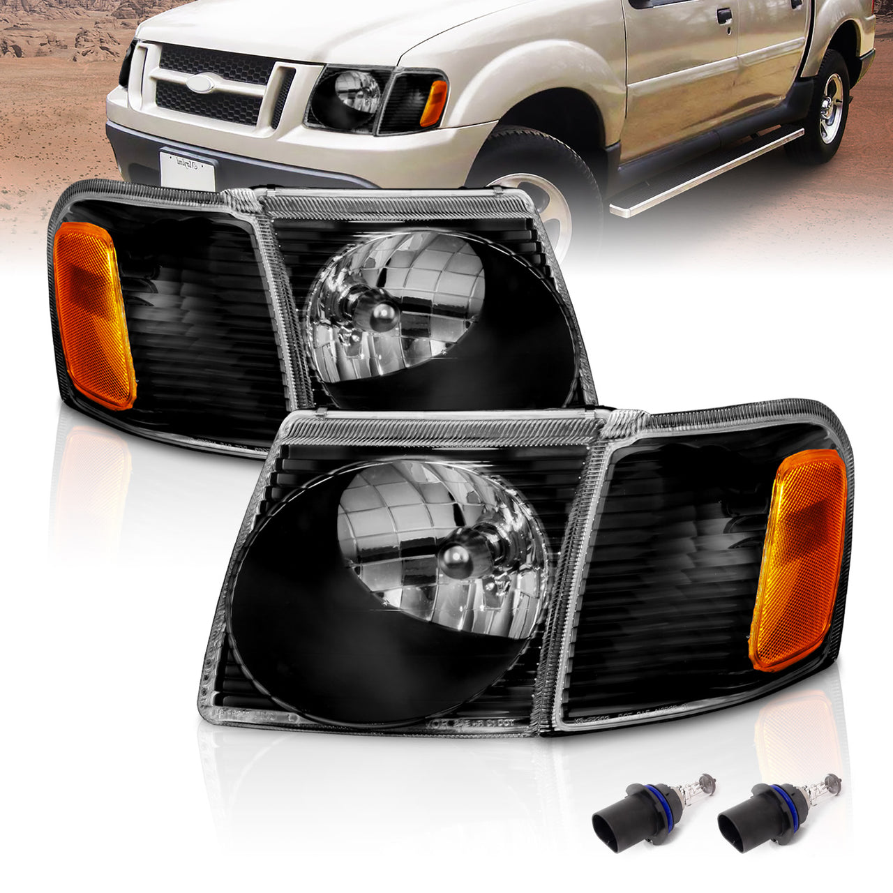 FORD EXPLORER SPORT TRAC 01-05 CRYSTAL HEADLIGHTS W/ CORNER LIGHTS BLACK AMBER