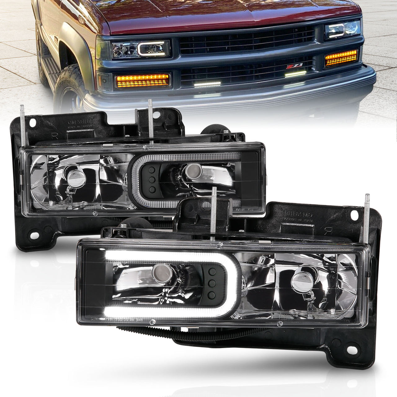 CHEVY/GMC C/K 1500/2500/3500 88-99, SUBURBAN/YUKON 92-00, TAHOE 94-00, BLAZER 92-94 HEADLIGHTS BLACK HOUSING W/ C LIGHTS BAR