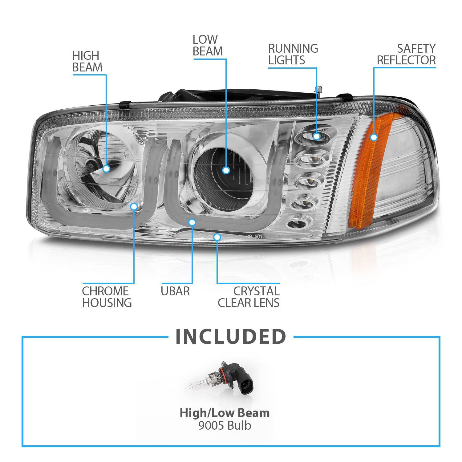 GMC SIERRA C3 99-02/SIERRA DENALI 99-07/YUKON/YUKON XL/YUKON DENALI 00-06 PROJECTOR HEADLIGHTS U-BAR CHROME CLEAR AMBER