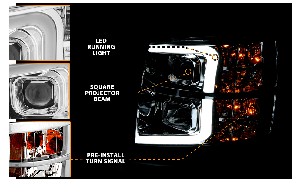 CHEVY SILVERADO 1500/2500/3500 07-13/1500 HYBRID 09-13 LIGHT BAR STYLE HEADLIGHTS CHROME AMBER