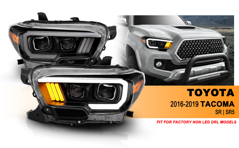 TOYOTA TACOMA 16-23 PROJECTOR LIGHT BAR STYLE HEADLIGHTS BLACK AMBER