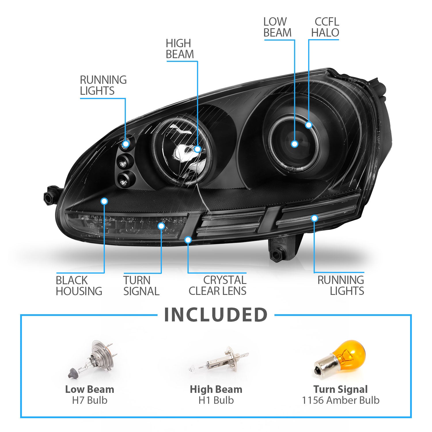 VOLKSWAGEN RABBIT (GOLF) 06-09/JETTA GEN5 05-09/WAGON 09  HEADLIGHTS HALO BLACK CLEAR (CCFL)