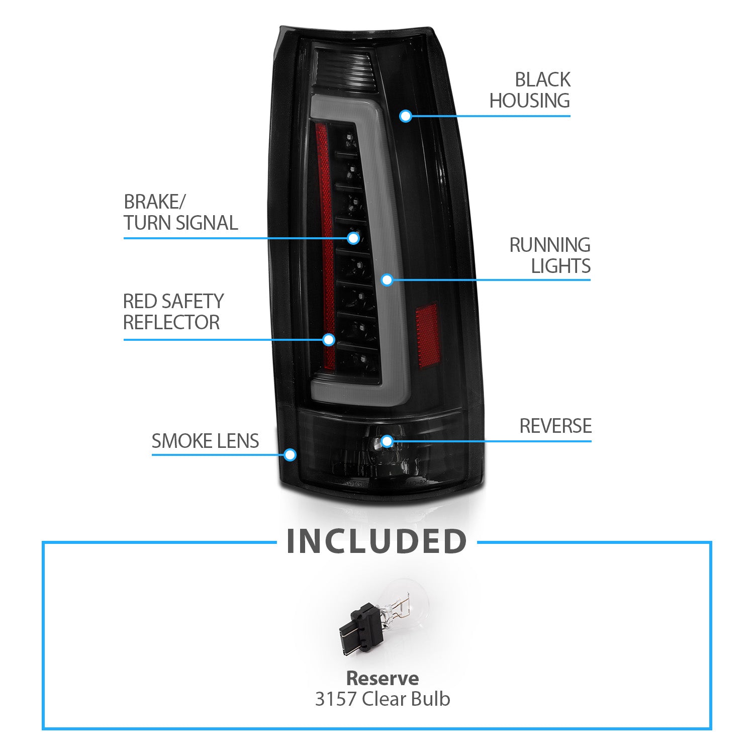 Chevy/GMC C/K 1500/2500/3500 88-99, SUBURBAN/YUKON 92-00, TAHOE 94-00, BLAZER 92-94, CADILLAC ESCALADE 99-00 LED C-BAR TAIL LIGHTS BLACK HOUSING SMOKE LENS