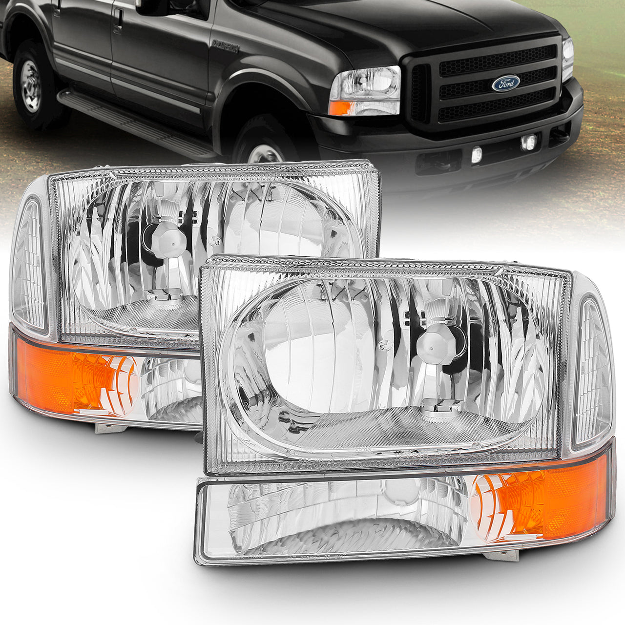 FORD EXCURSION 00-04/SUPER DUTY 99-04 HEADLIGHTS W/ CORNER LIGHTS CHROME AMBER
