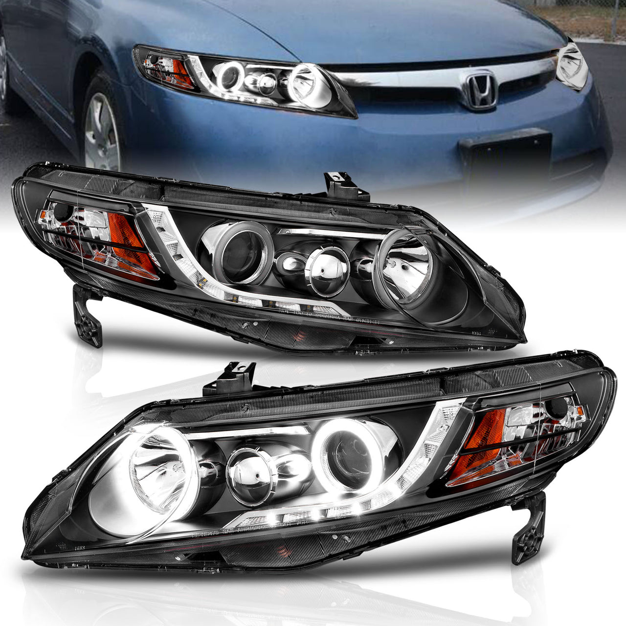 HONDA CIVIC 06-11 4DR/HYBRID PROJECTOR HEADLIGHTS HALO BLACK CLEAR AMBER (RX HALO)